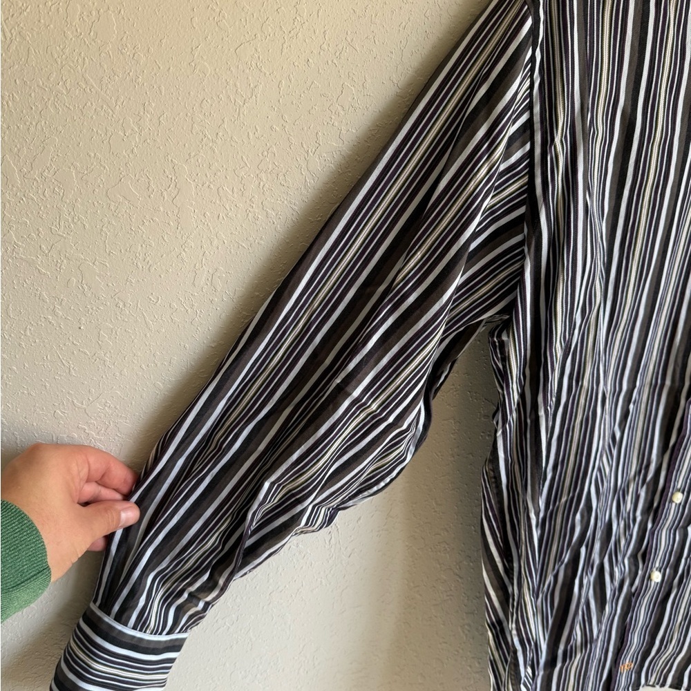 Men’s M Gray Striped Y2K Thomas Dean Kencore Casual, Retro Long Sleeve Button Up - Picture 3 of 6